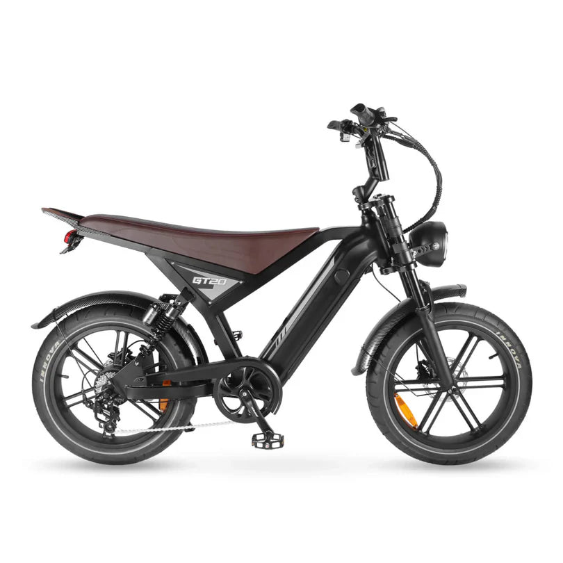Bruine Ouxi GT20 e-bike, zijaanzicht op witte achtergrond
