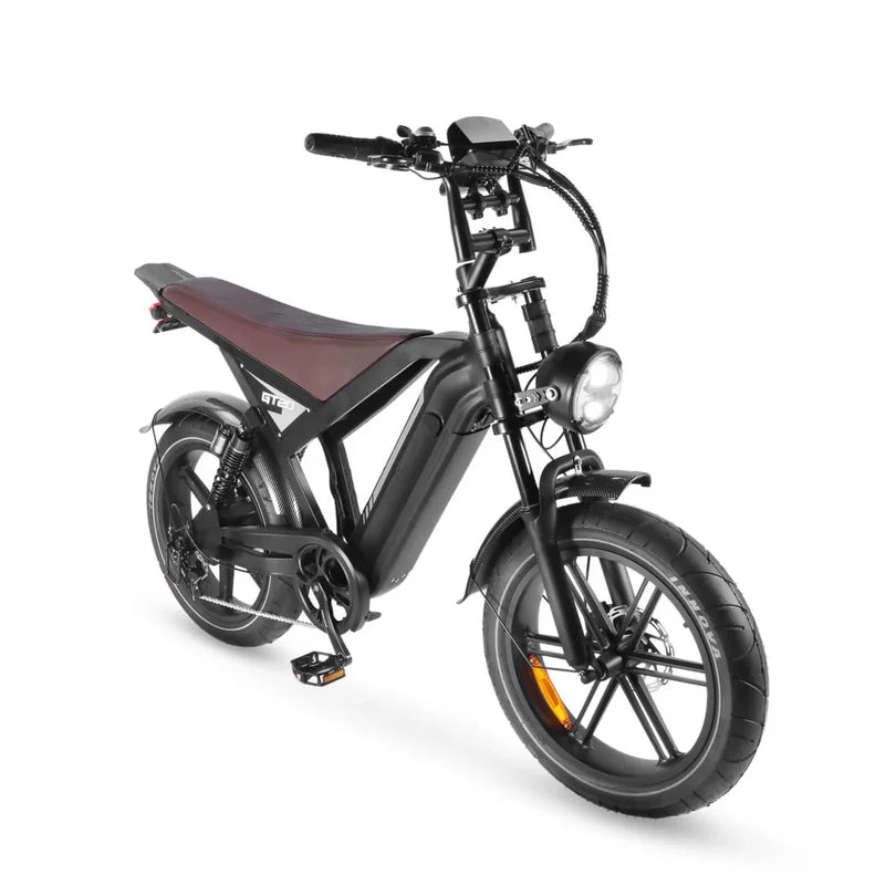Bruine Ouxi GT20 e-bike, driekwart vooraanzicht op witte achtergrond