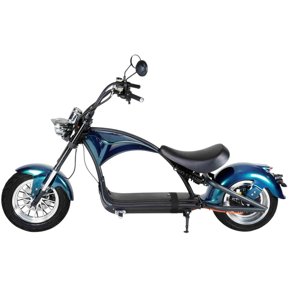 E-chopper 3.0 in Safyre Blue, zijaanzicht op witte studio-achtergrond