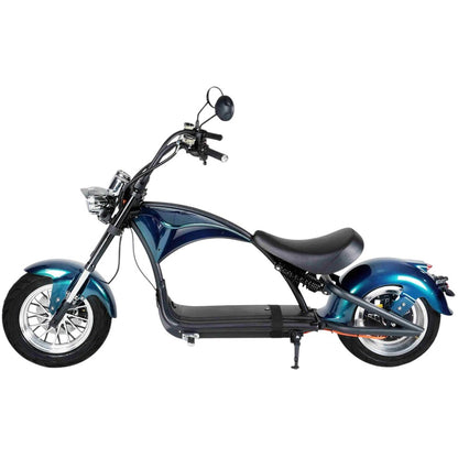 E-chopper 3.0 in Safyre Blue, zijaanzicht op witte studio-achtergrond