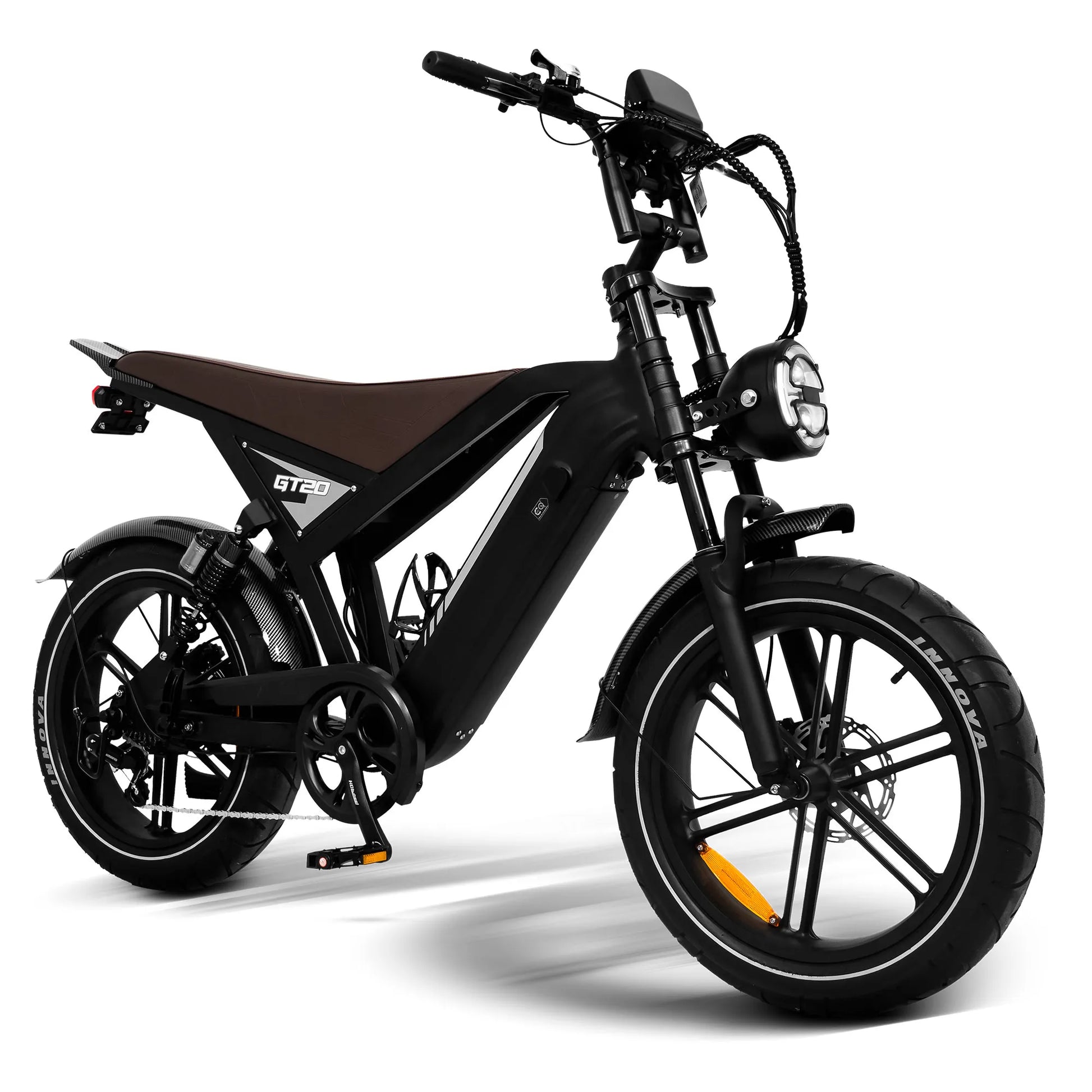 Bruine Ouxi GT20 e-bike, driekwart vooraanzicht op witte achtergrond