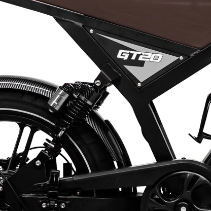 Close-up van achterwielophanging van bruine Ouxi GT20 e-bike