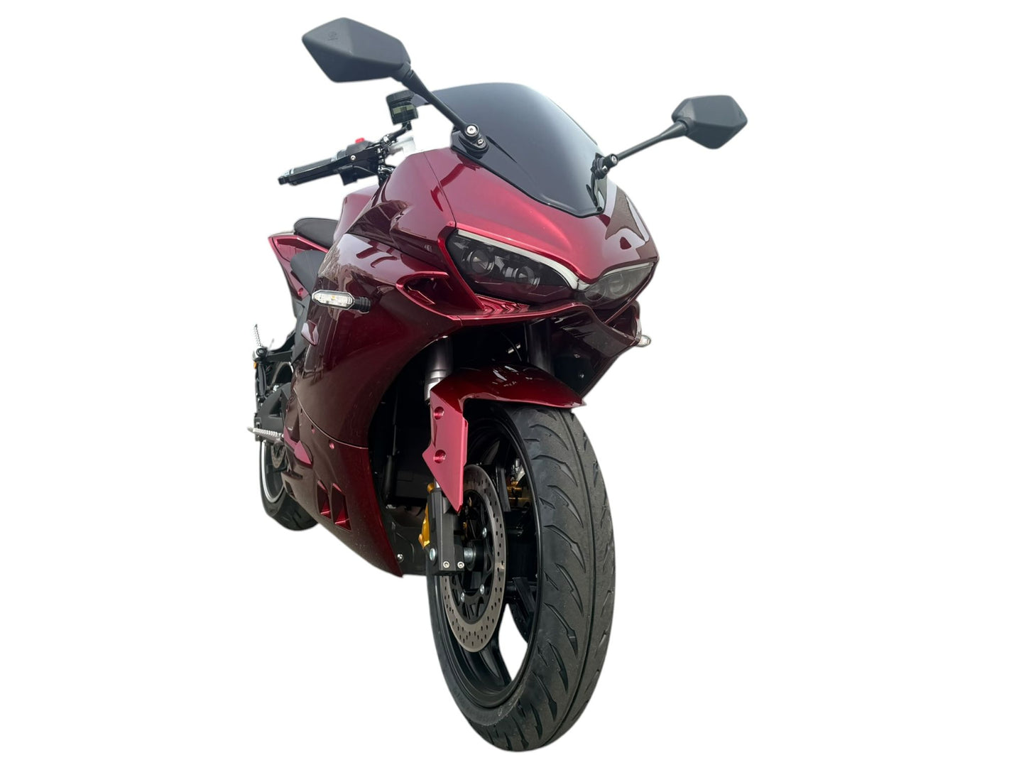 Ducalon R elektrische motorfiets in Candy Red, vooraanzicht op witte achtergrond