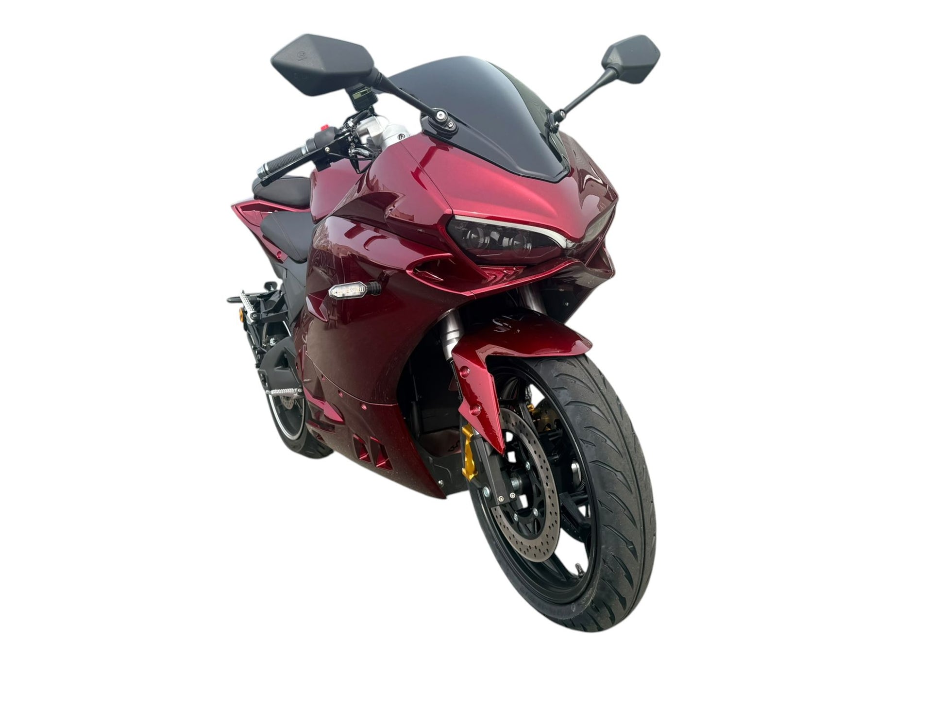 Candy Red Ducalon R elektrische motorfiets, vooraanzicht op witte achtergrond