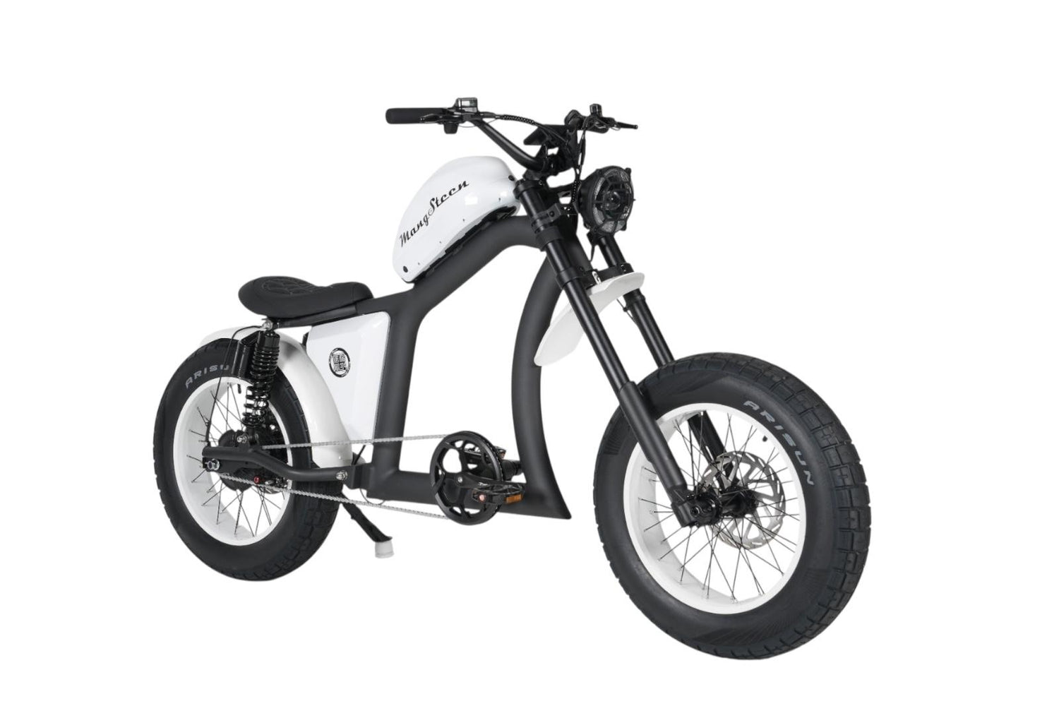 Witte Ecruiser Chopper bike FT02, driekwart zijaanzicht op witte achtergrond