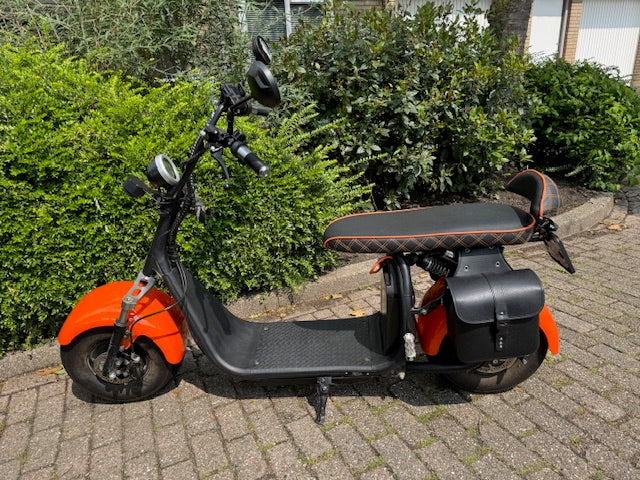 Rode Ecruiser X1 e-scooter geparkeerd op een stenen pad naast groene struiken