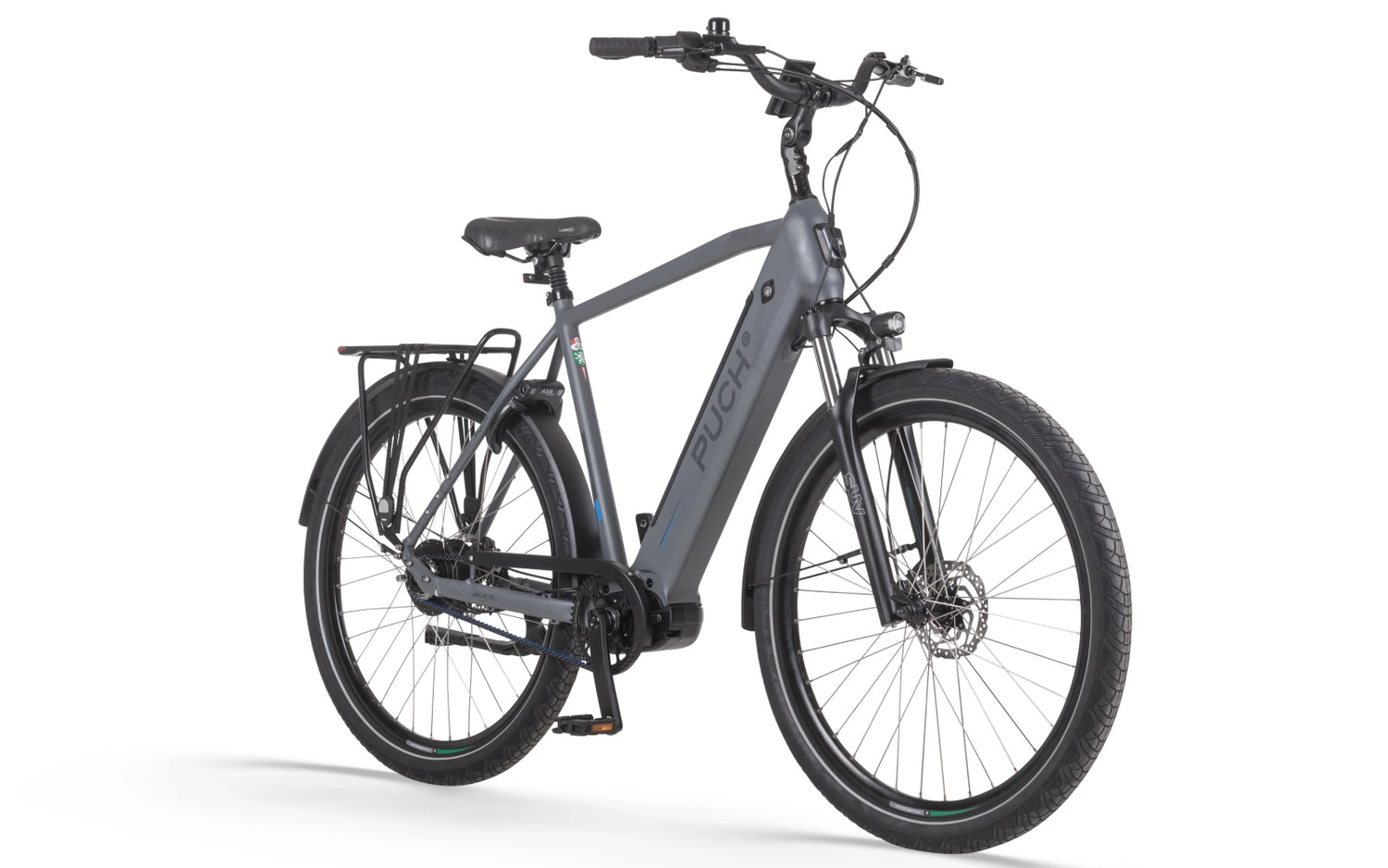 Grijze Puch E-Zirkon Enviolo Belt SUV H e-bike op witte achtergrond