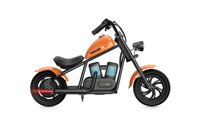 Oranje Ecruiser 12Pro kinder chopper, zijaanzicht op witte achtergrond